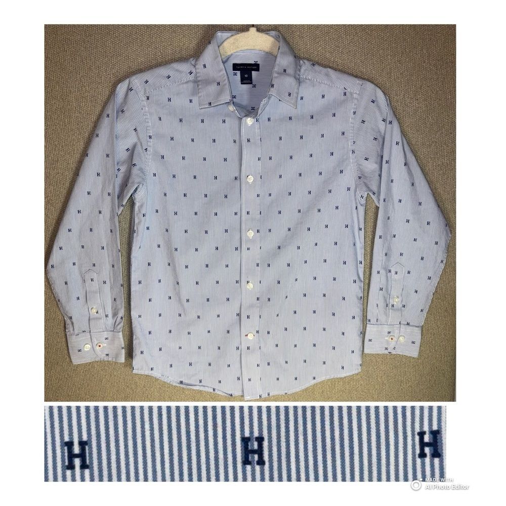 Tommy Hilfiger size 10 Light Blue H Patterned Button Down Shirt